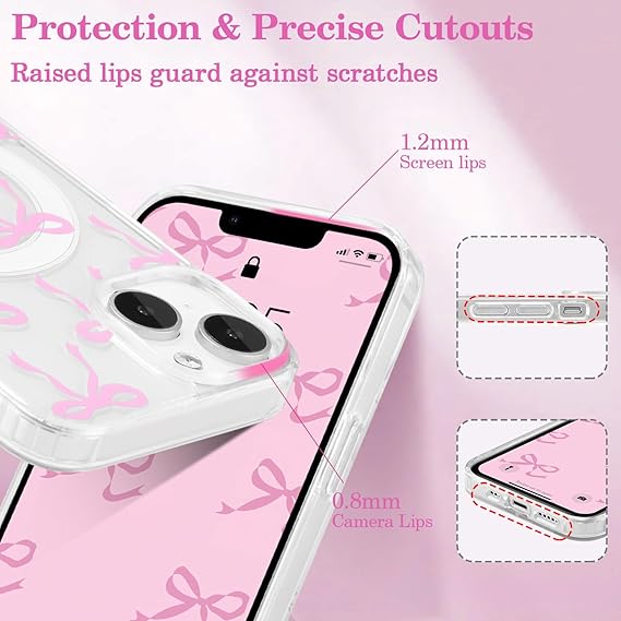 UEEBAI Magnetic for iPhone 14 & iPhone 13 Case, Bow Case Compatible with MagSafe, Wireless Slim Clear Ribbon Phone Cover Anti-Yellowing Shockproof Protective Cover for Women Girl - Pink