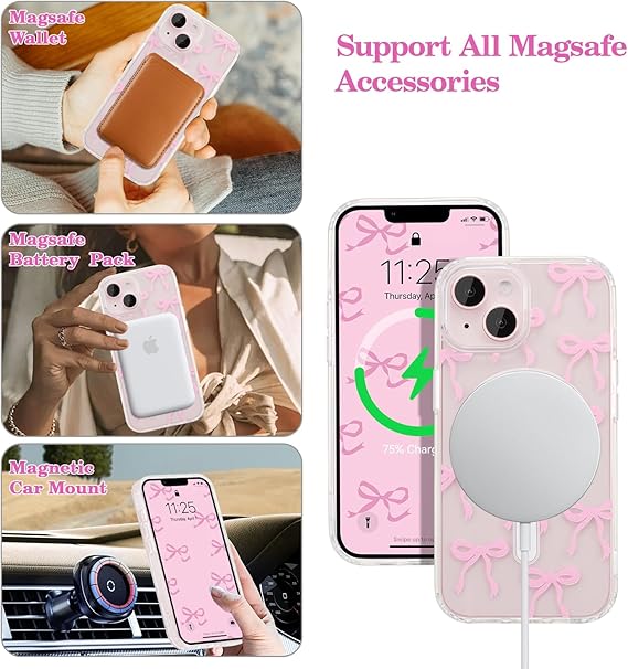UEEBAI Magnetic for iPhone 14 & iPhone 13 Case, Bow Case Compatible with MagSafe, Wireless Slim Clear Ribbon Phone Cover Anti-Yellowing Shockproof Protective Cover for Women Girl - Pink