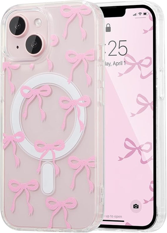 UEEBAI Magnetic for iPhone 14 & iPhone 13 Case, Bow Case Compatible with MagSafe, Wireless Slim Clear Ribbon Phone Cover Anti-Yellowing Shockproof Protective Cover for Women Girl - Pink
