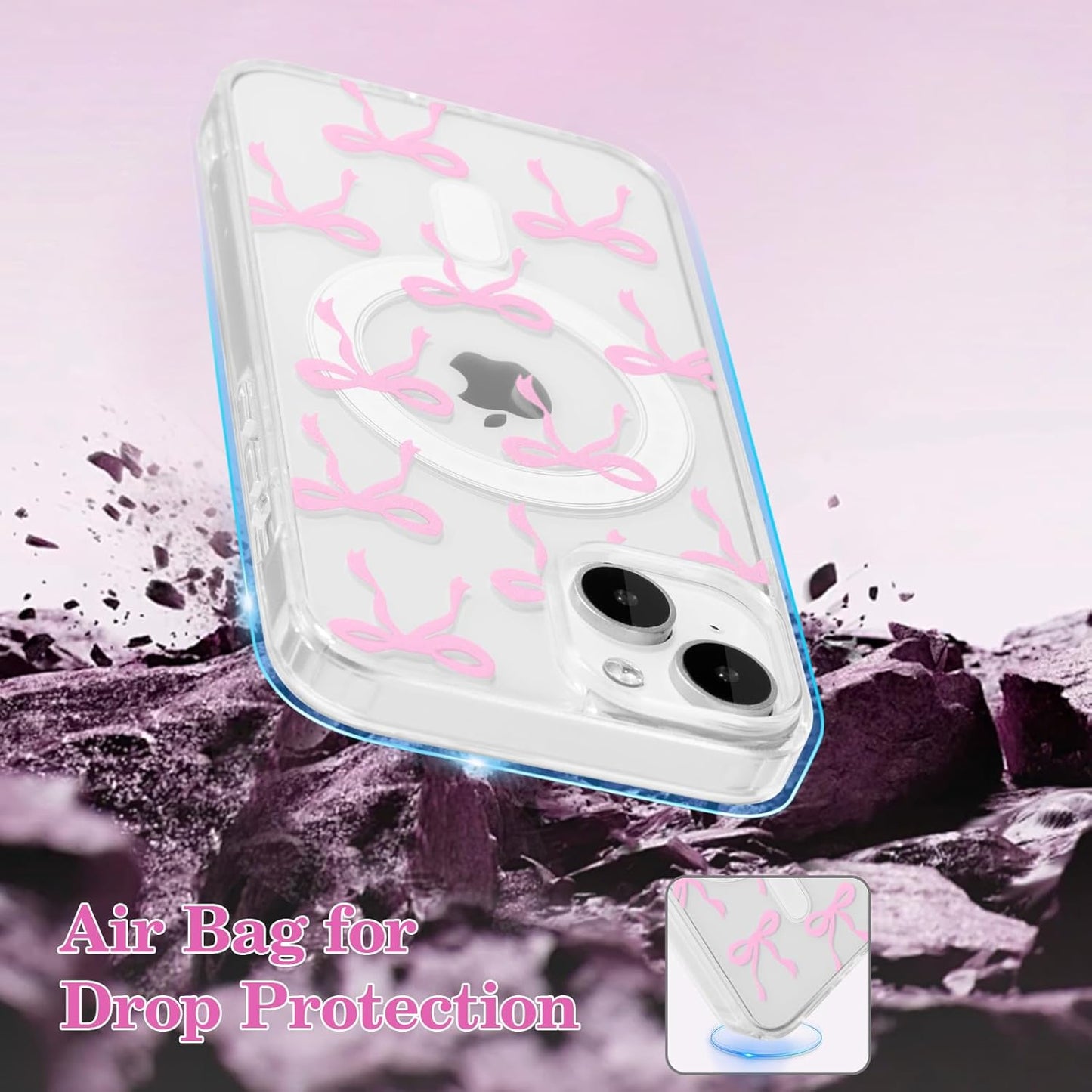UEEBAI Magnetic for iPhone 14 & iPhone 13 Case, Bow Case Compatible with MagSafe, Wireless Slim Clear Ribbon Phone Cover Anti-Yellowing Shockproof Protective Cover for Women Girl - Pink