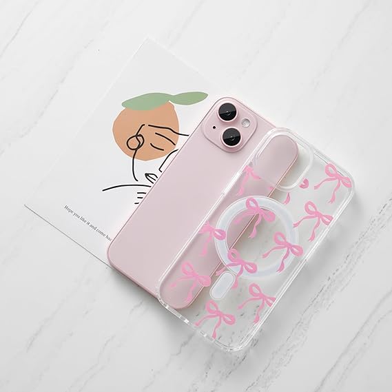 UEEBAI Magnetic for iPhone 14 & iPhone 13 Case, Bow Case Compatible with MagSafe, Wireless Slim Clear Ribbon Phone Cover Anti-Yellowing Shockproof Protective Cover for Women Girl - Pink