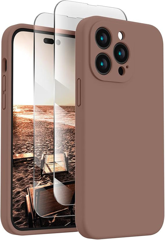Silicone Upgraded [Camera Protection] Phone Case with [2 Screen Protectors], Soft Anti-Scratch Microfiber Lining Inside, 6.1 inch, Light Brown