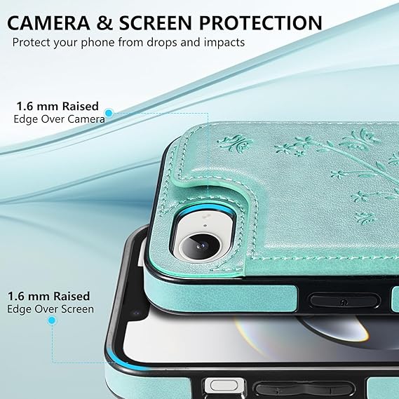 Korecase Wallet Case for iPhone 16E (2025) with Card Holder,Premium Embossed Butterfly Flower PU Leather,Back Flip Shockproof Protective Cover for iPhone 16e- Mint Green