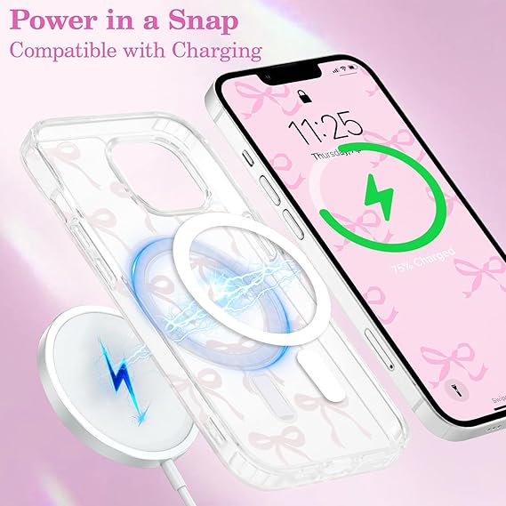 UEEBAI Magnetic for iPhone 14 & iPhone 13 Case, Bow Case Compatible with MagSafe, Wireless Slim Clear Ribbon Phone Cover Anti-Yellowing Shockproof Protective Cover for Women Girl - Pink