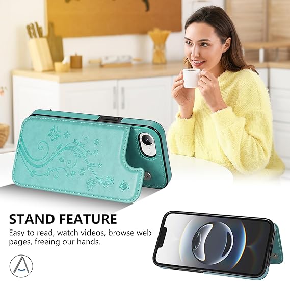 Korecase Wallet Case for iPhone 16E (2025) with Card Holder,Premium Embossed Butterfly Flower PU Leather,Back Flip Shockproof Protective Cover for iPhone 16e- Mint Green