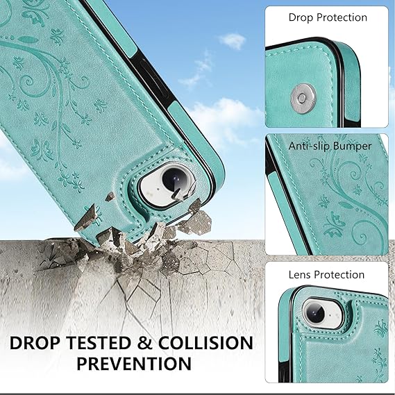 Korecase Wallet Case for iPhone 16E (2025) with Card Holder,Premium Embossed Butterfly Flower PU Leather,Back Flip Shockproof Protective Cover for iPhone 16e- Mint Green